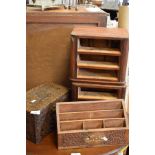 Oriental carved miniature camphor wood chest containing sewing accessories, a similar letter rack