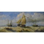 E. Jenkins - Oil on canvas - Stormy seascape with fishing vessels, signed, 29cm x 59cm, in a