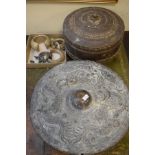 Chinese bronze gong having dragon decoration in relief, circular bowl and cover and a small quantity