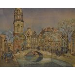 T.W.Massey - Pen, ink and watercolour - An Amsterdam Scene, signed and dated '58, 34cm x 42cm,