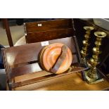 Mahogany folding bookrack, oak letter rack, a pair of late 19th/early 20th Century circular