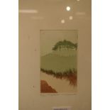 Veronica Charlesworth - Three etchings - Landscapes, 12.5cm x 7cm, each in a decorative walnut frame