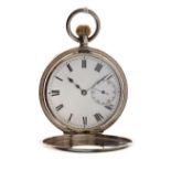 Silver cased top wind half-hunter pocket watch, the outer case with black Roman numerals, the dial