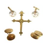 Pair of 18ct gold oval monogrammed cufflinks, a pair of pearl set cufflinks stamped 14k and a gilt