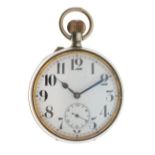 Goliath nickel top wind pocket watch with Arabic numerals and subsidiary seconds dial, 66mm diameter