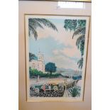 Raymond Dilley - Limited edition coloured print - Mediterranean Art Deco scene with vintage motor