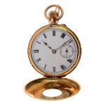 Lady's 18ct gold half-hunter top wind fob watch, the outer case with blue Roman numerals, the dial