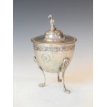 19th Century Italian silver lidded sucriere, the cover with bird finial and standing on triple pad