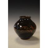 John Leech studio pottery squat baluster shaped vase having a mottled red and grey glaze Condition: