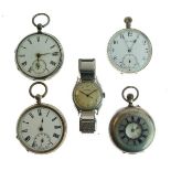 Four gentlemen's silver cased pocket watches and a Roamer stainless steel cased wristwatch, the dial