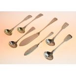 Five various silver salt spoons and two butter knives, combined weight 3oz approx Condition: