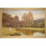 John Surtees - Oil on canvas - Landscape with figures on a riverbank, signed, 39cm x 64cm, framed