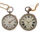 Two silver open faced key wind pocket watches with Roman numerals, 51mm and 55mm diameter Condition: