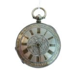 Gentleman's white metal key wind pocket watch, the engraved white metal dial having gilt Roman