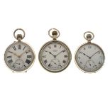 Kay & Co - Nickel open face top wind pocket watch, 54mm diameter and two other open face top wind