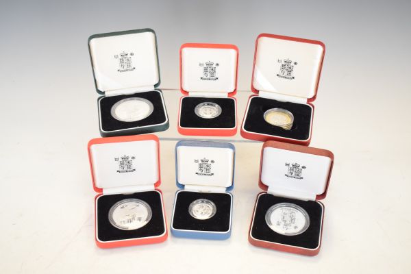 Coins - Six Elizabeth II silver commemorative proof coins including Britannia 1997, Piedfort £1 1996