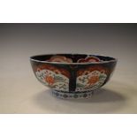 Japanese Imari bowl having typical foliate decoration in iron-red, blue and green Condition: