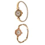 Lady's 9ct gold bracelet watch, 25mm diameter and another - the case stamped '10k', 26mm diameter