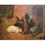E.Britton - Early 20th Century oil on canvas - Farmyard scene with rabbits and chickens, signed
