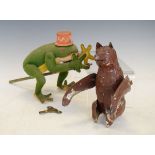 Vintage felt clockwork frog and a similar tin plate bear Condition: