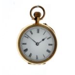 Lady's top wind fob watch, case stamped '18k', open face with black Roman numerals, 33mm diameter