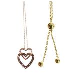 Two 9ct gold neck chains, one having a diamond set double heart pendant Condition: