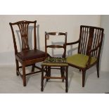 Early 20th Century mahogany and string inlaid lath back elbow chair, raised on square tapered