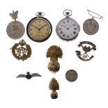 Four British Regiment badges, an R.A.F. sweetheart brooch, two pocket watches etc Condition: