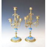 Pair of late 19th Century French brass and porcelain three branch candelabra Condition: