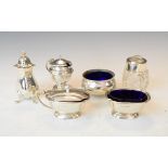 George V silver mustard pot and salt, Birmingham 1939, three other silver condiments and a silver
