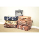 Collection of six vintage suitcases and a metal deed box Condition: