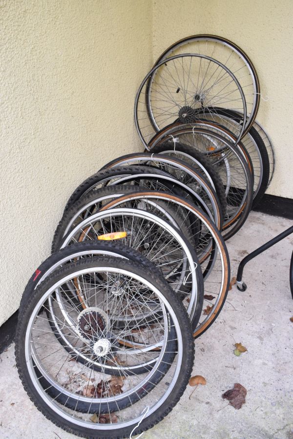 Quantity of mountain bike and racing cycle wheels, some with tyres Condition: