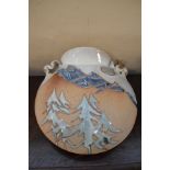 David Eeles studio pottery wall vase decorated with an alpine scene in low relief on a partially