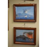 Late 19th/early 20th Century Neapolitan School - Pair of gouache studies - Seascapes with volcanoes,