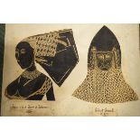 Quantity of printed paper brass rubbing style prints, mounted on white painted board of Medieval