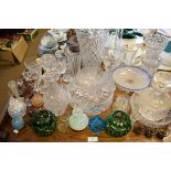 Quantity of cut and moulded table glass, vases, scent bottles, etc (one shelf) Condition: