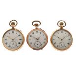 Nickel top wind open face pocket watch with gold plated bezel, gilt hands, Arabic numerals and