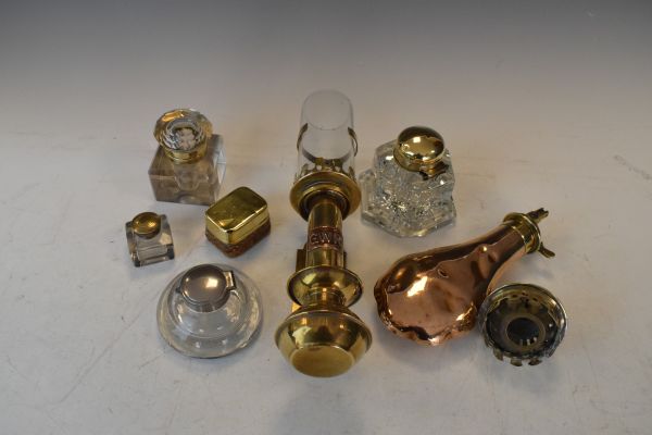 Copper shot flask by James Dixon, reproduction G.W.R. brass lamp, four inkwells etc Condition: