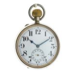 Goliath nickel top wind pocket watch with Arabic numerals and subsidiary seconds dial, 66mm diameter