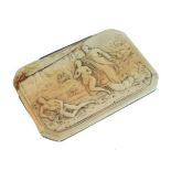 19th Century ivory rectangular box, the hinged cover with pressed decoration depicting the scene