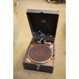 HMV portable wind-up gramophone in black case Condition: