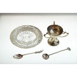 Small George V silver three handled trophy cup, Sheffield 1912, George V cut glass butter dish on