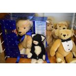 Merrythought Diamond Jubilee collectors teddy bear, three other Merrythought bears and a similar cat