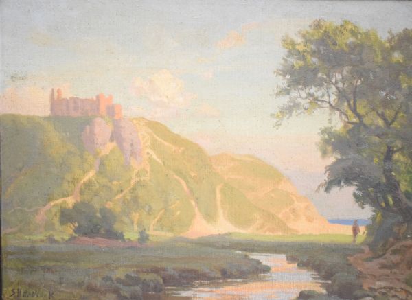 S.H. Hancock - Oil on board - Coastal view with a ruin on a hilltop, signed, 35cm x 48cm, framed