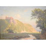 S.H. Hancock - Oil on board - Coastal view with a ruin on a hilltop, signed, 35cm x 48cm, framed