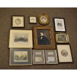 Various framed pictures, etc including; watercolour portrait of a gentleman, topographic engravings,