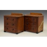 Pair of mahogany miniature chests of drawers, each fitted three long drawers having turned wooden