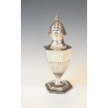 Edward VII silver hexagonal baluster shaped sugar caster having fluted decoration and standing on