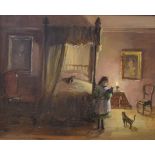 Deborah Jones - Oil on board - Interior scene with a child and cats in a bedroom, 18.5cm x 23.5cm,