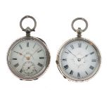 Two lady's Continental white metal key wind fob watches, each having engraved case backs and foliate